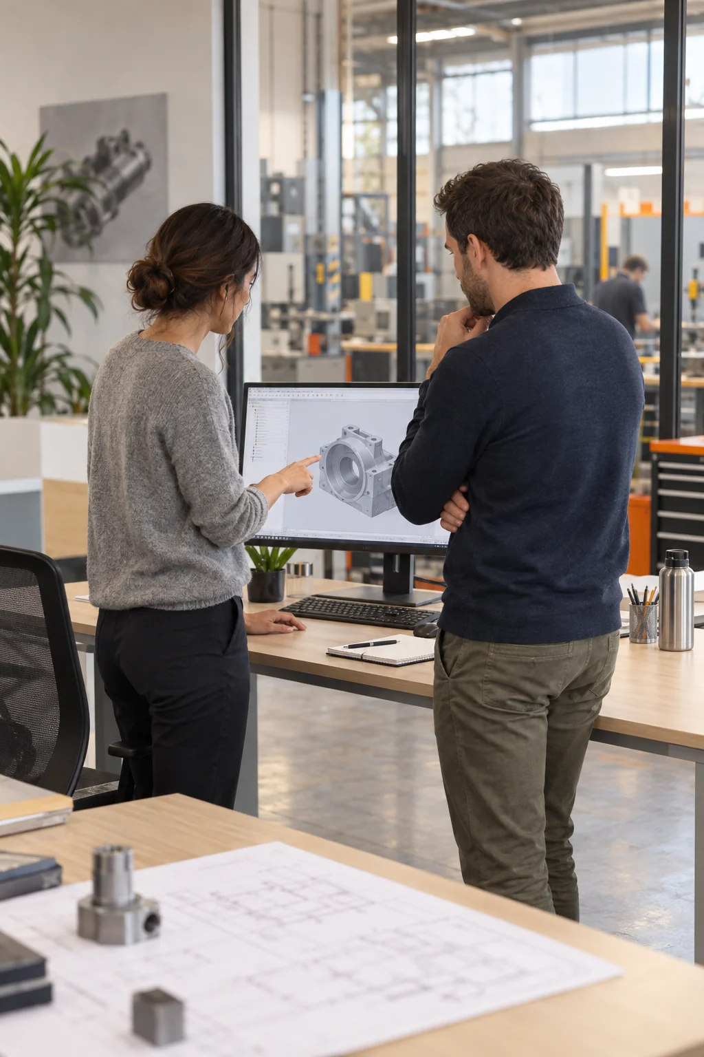 Due tecnici osservano insieme un progetto CAD sul monitor